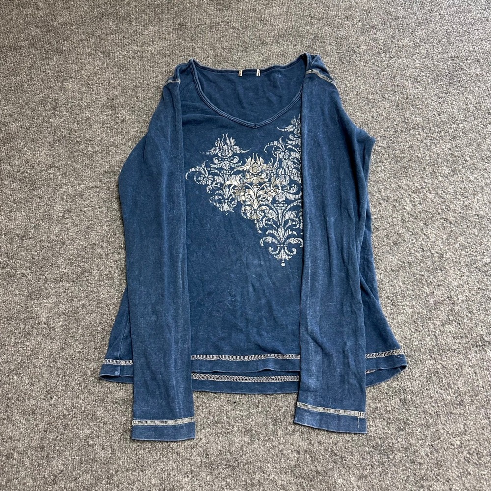 Unbranded Graphic Tee Womens Size M Blue Acid Wash Silver Foil Y2K Long Sleeve
